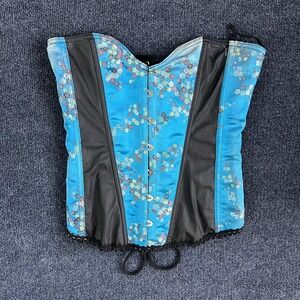 Allure Lingerie Corset Top Womens Large Blue Floral Satin Overbust Lace Up